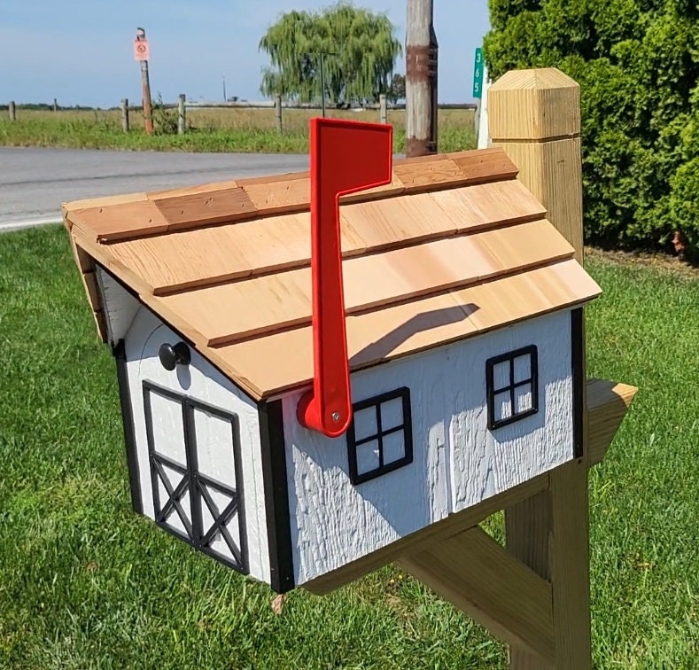 Amish Mailbox White - Handmade - Barn Style - Wooden - Tall Prominent Sturdy Flag - With Cedar Shake Shingles Roof - Barn Mailboxes Wood