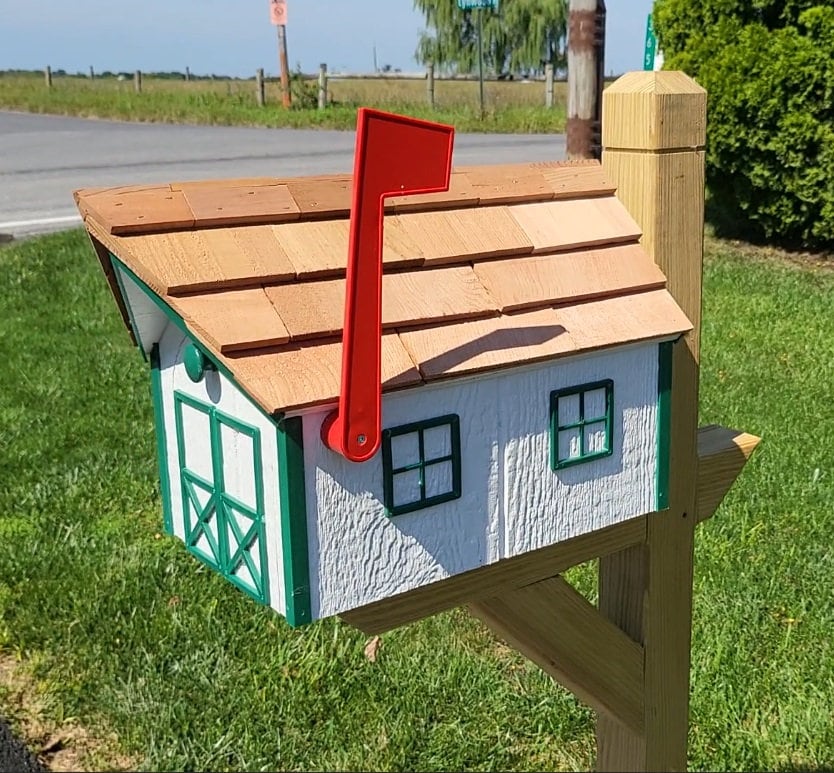 Amish Mailbox White - Handmade - Barn Style - Wooden - Tall Prominent Sturdy Flag - With Cedar Shake Shingles Roof - Barn Mailboxes Wood