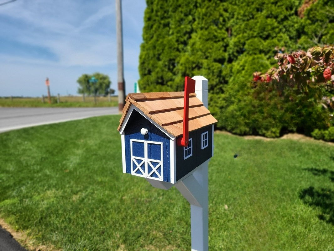 Amish Mailbox - Handmade - Barn Style - Wooden - Tall Prominent Sturdy Flag - Cedar Shake Shingles Roof- Amish Outdoor Mailbox Color Options