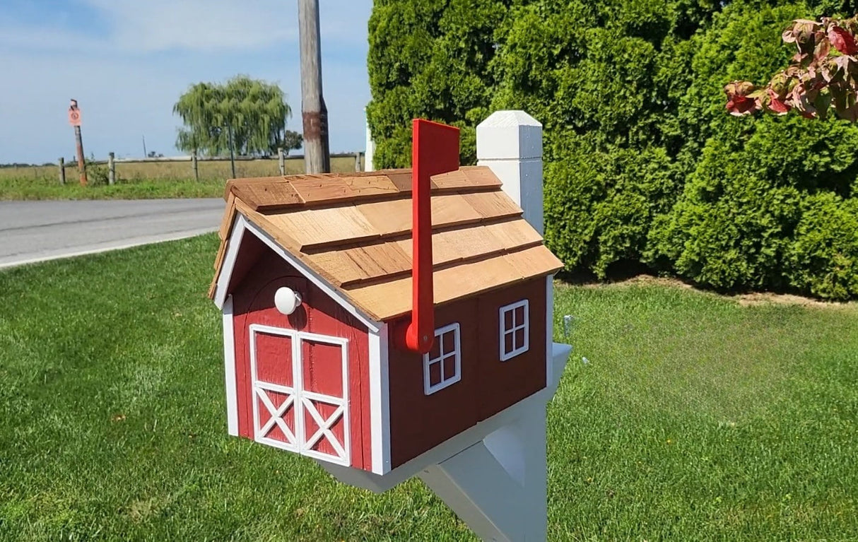 Dark Gray Mailbox - Amish Handmade - Wooden - Barn - Style - With Tall Prominent Sturdy Flag- Cedar Shake Shingles Roof - Mailbox - Outdoor - Barn Mailboxes Wood