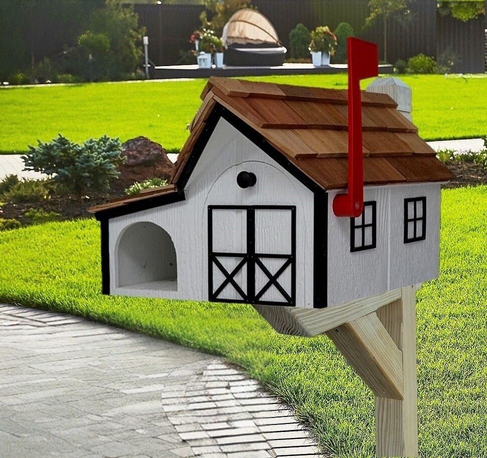 Newspaper Mailbox Amish Handmade. Wooden Mailbox With Cedar Shake Roof and a Tall Prominent Sturdy Flag