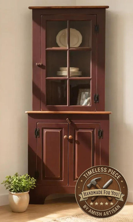 Amish Handmade Glass Corner Cabinet - Multipurpose Cabinet - Farmhouse - Primitive Cabinet - Corner Cupboard - Amish Bookcase - Case Goods
