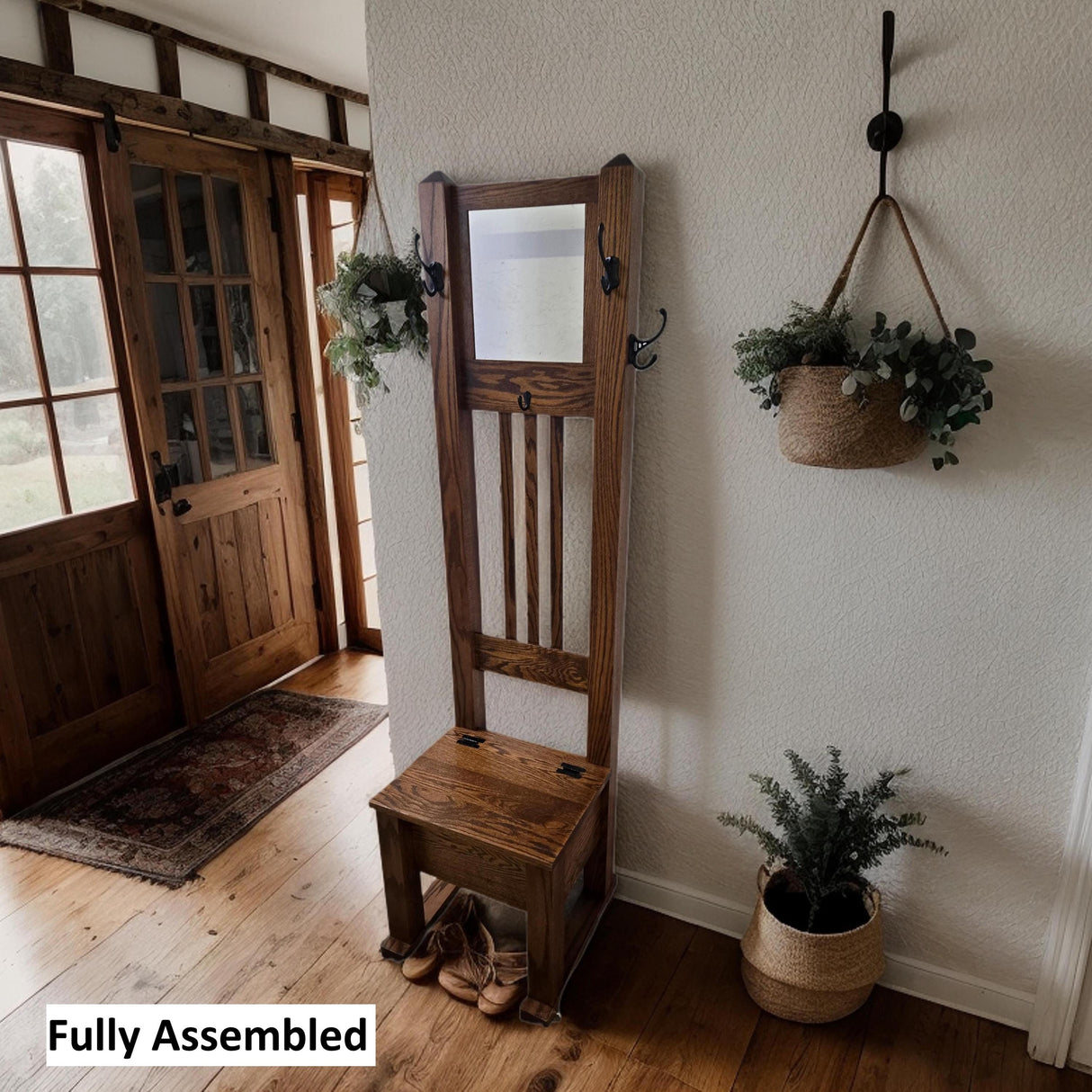 Amish Handmade Hall Seat - Storage Bench - Multipurpose Cabinet - Farmhouse Hall Tree - Mirror Home Decor - Primitive Storage- Rustic- Hooks