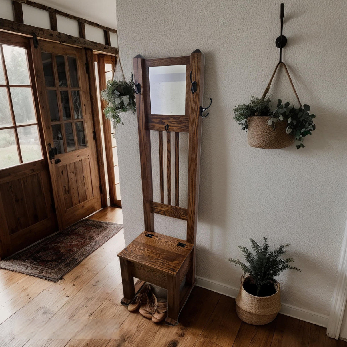 Amish Handmade Hall Seat - Storage Bench - Multipurpose Cabinet - Farmhouse Hall Tree - Mirror Home Decor - Primitive Storage- Rustic- Hooks