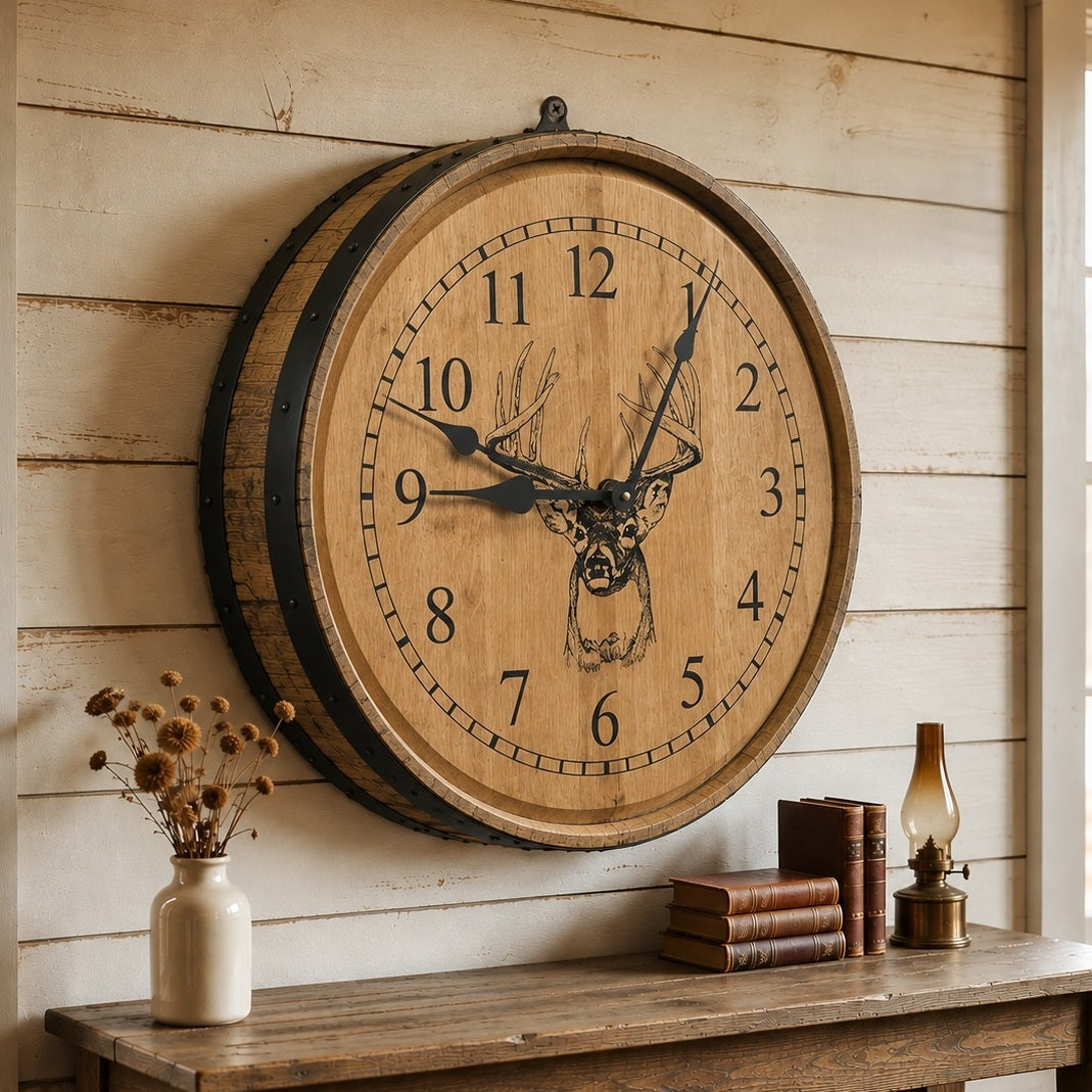 Amish Handmade Whiskey Barrel Clock - Rustic Clocks - Large Wall Clock - Primitive - Unique Clocks - Wood Clock - Display - Vintage Clocks