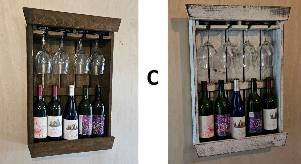 Rustic Wine Rack - Wall Mounted - Amish Handmade Wine Holder - Wine Display With Glass Holder - Gifts - Bar Shelf - Wooden Bottle Holder