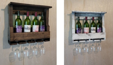 Rustic Wine Shelf - Wall Mounted - Amish Handmade Wine Holder - Wine Display With Glass Holder - Gifts - Bar Rack- Wooden Bottle Holder