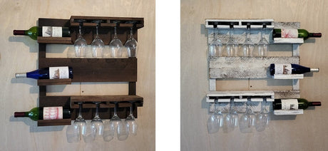 Rustic Wine Shelf - Wall Mounted - Amish Handmade Wine Holder - Wine Display With Glass Holder - Gifts - Bar Rack- Wooden Bottle Holder