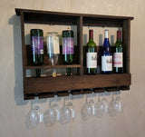 Rustic Wine Shelf - Wall Mounted - Amish Handmade Wine Holder - Wine Display With Glass Holder - Gifts - Bar Rack- Wooden Bottle Holder