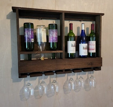 Rustic Wine Shelf - Wall Mounted - Amish Handmade Wine Holder - Wine Display With Glass Holder - Gifts - Bar Rack- Wooden Bottle Holder