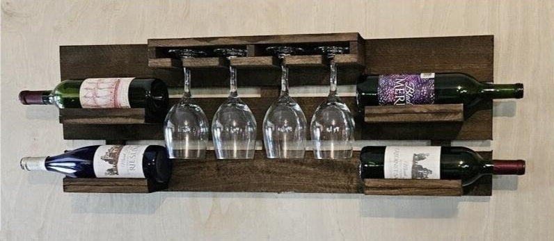 Wine Display With Glass Holder - Wall Mounted -  Amish Handmade Wine Holder -  Rustic Wine Rack - Gifts - Bar Shelf - Wooden Bottle Holder