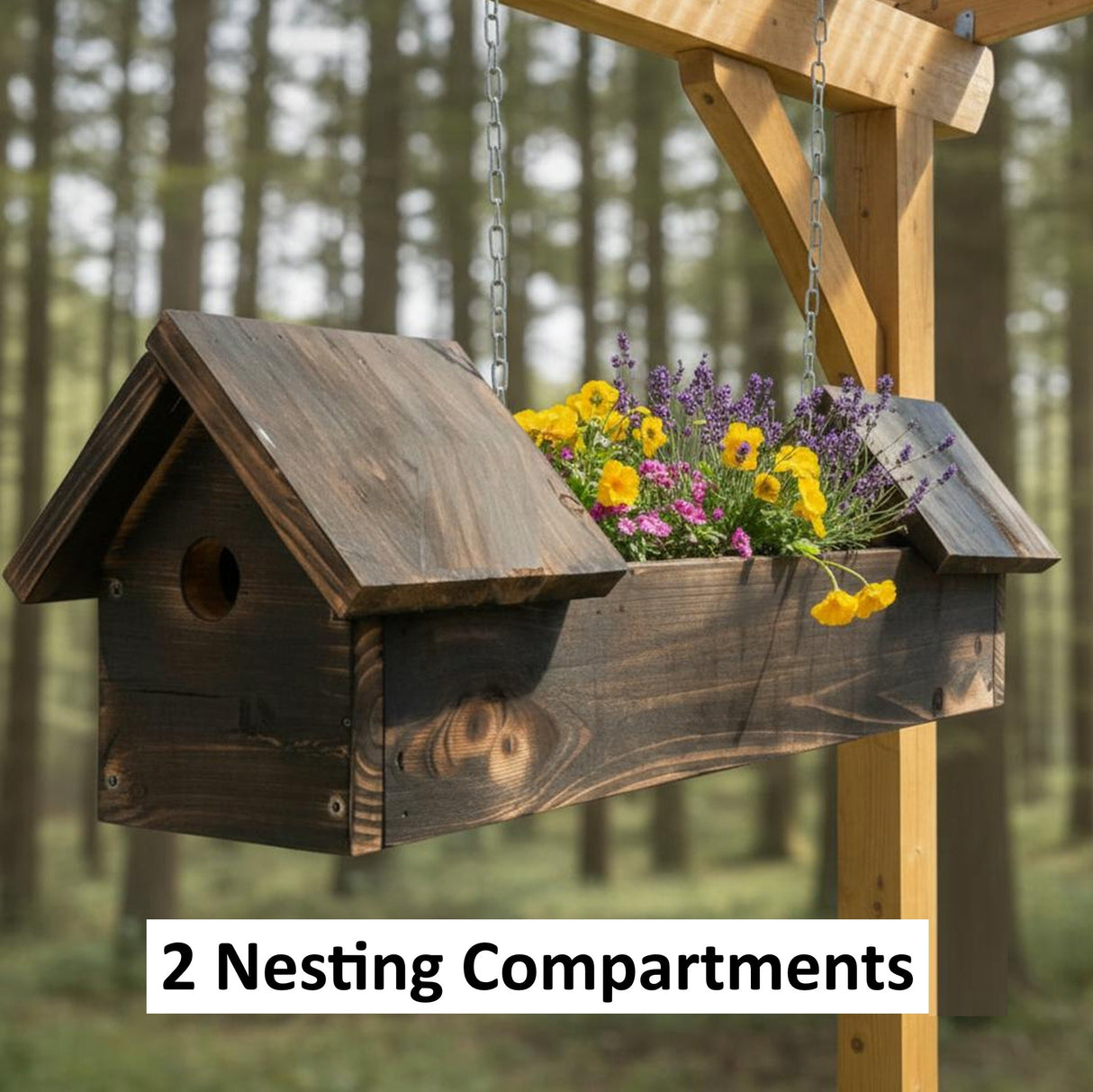 Wooden birdhouse with flower box and 2 nesting compartments against a forest background