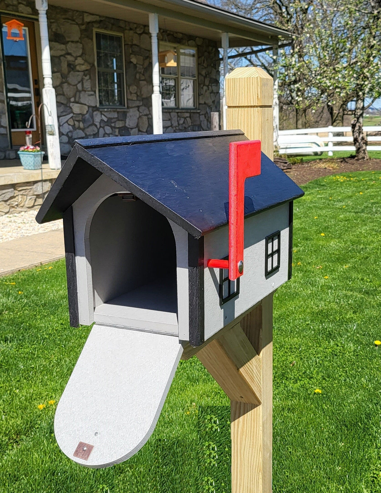 Country Barn Mailbox Dove Box, Black Roof and Trim, Amish Handmade Poly Lumber - Barn Mailboxes Poly