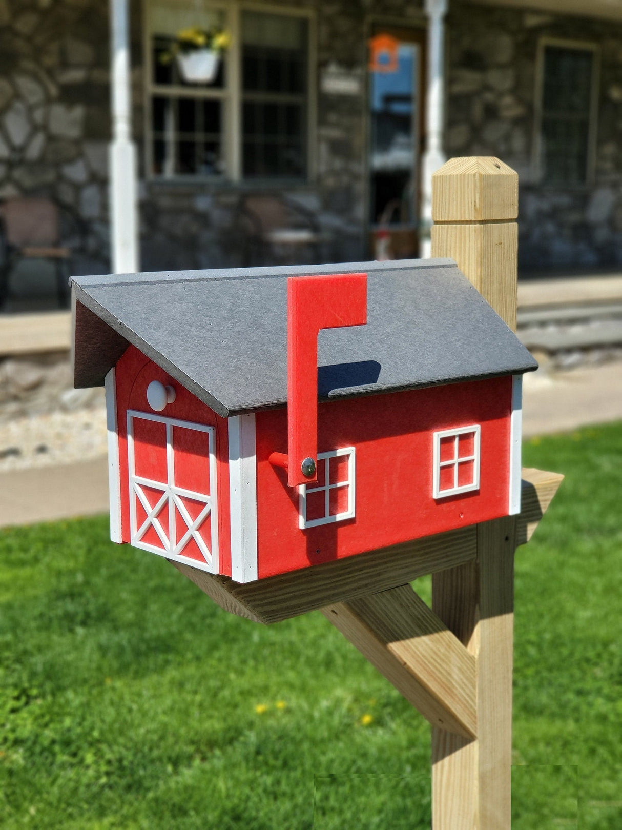 Country Mailbox Red Box, White Trim, Black Roof, Amish Handmade Barn Mailbox Poly Lumber Weather Resistant - Barn Mailboxes Poly