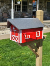 Country Mailbox Red Box, White Trim, Black Roof, Amish Handmade Barn Mailbox Poly Lumber Weather Resistant - Barn Mailboxes Poly