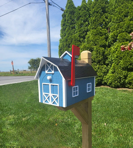 Dutch Barn Amish Handmade Wood Mailbox, Choose Your Color, Amish Mailbox With Red Flag and Black Roof - Dutch Barn