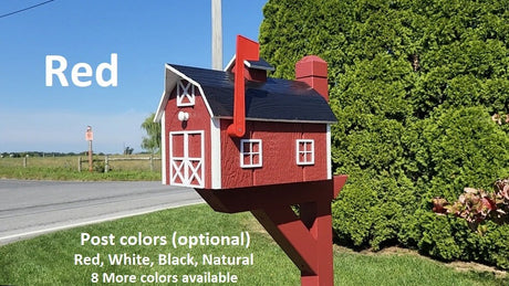 Dutch Barn Mailbox Amish Handmade, Choose Your Color, Wood Amish Mailbox With Red Flag Black Roof - Dutch Barn