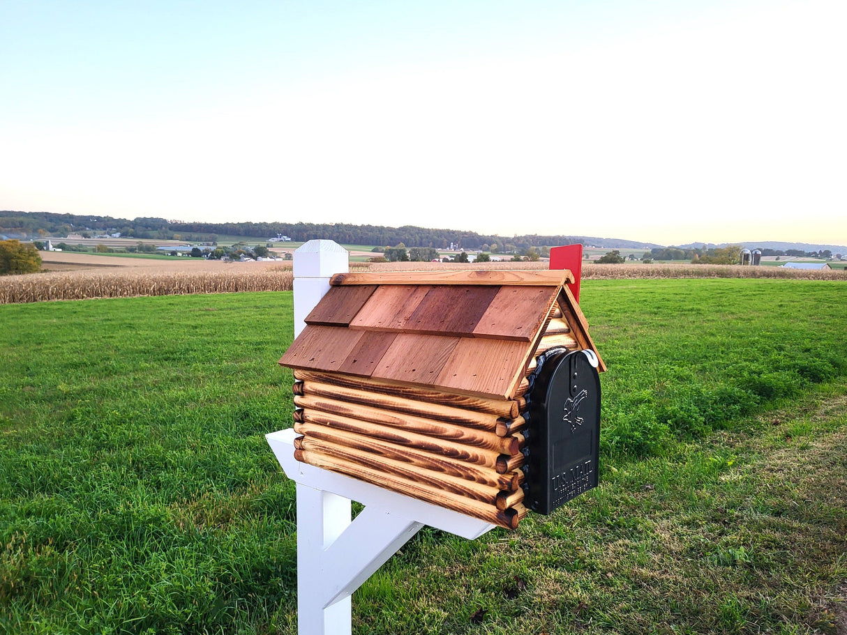 Log Cabin Amish Mailbox Handmade Wooden With Cedar Shake Roof and Metal Box Insert - Barn Mailboxes Wood