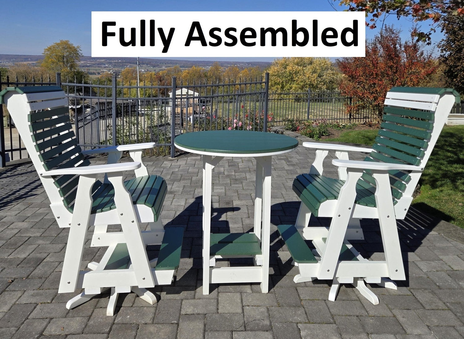 Poly, adirondack, pub table, outdoor furniture, glider, swivel chair, upholestered, back rest