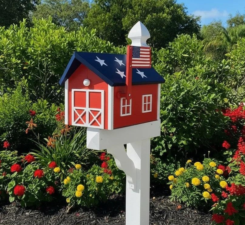 Amish Handmade Mailbox Independence Day Special! 250th Anniversary American Flag Mailbox with Post (optional), Gift Barn Style Mailbox Patriotic