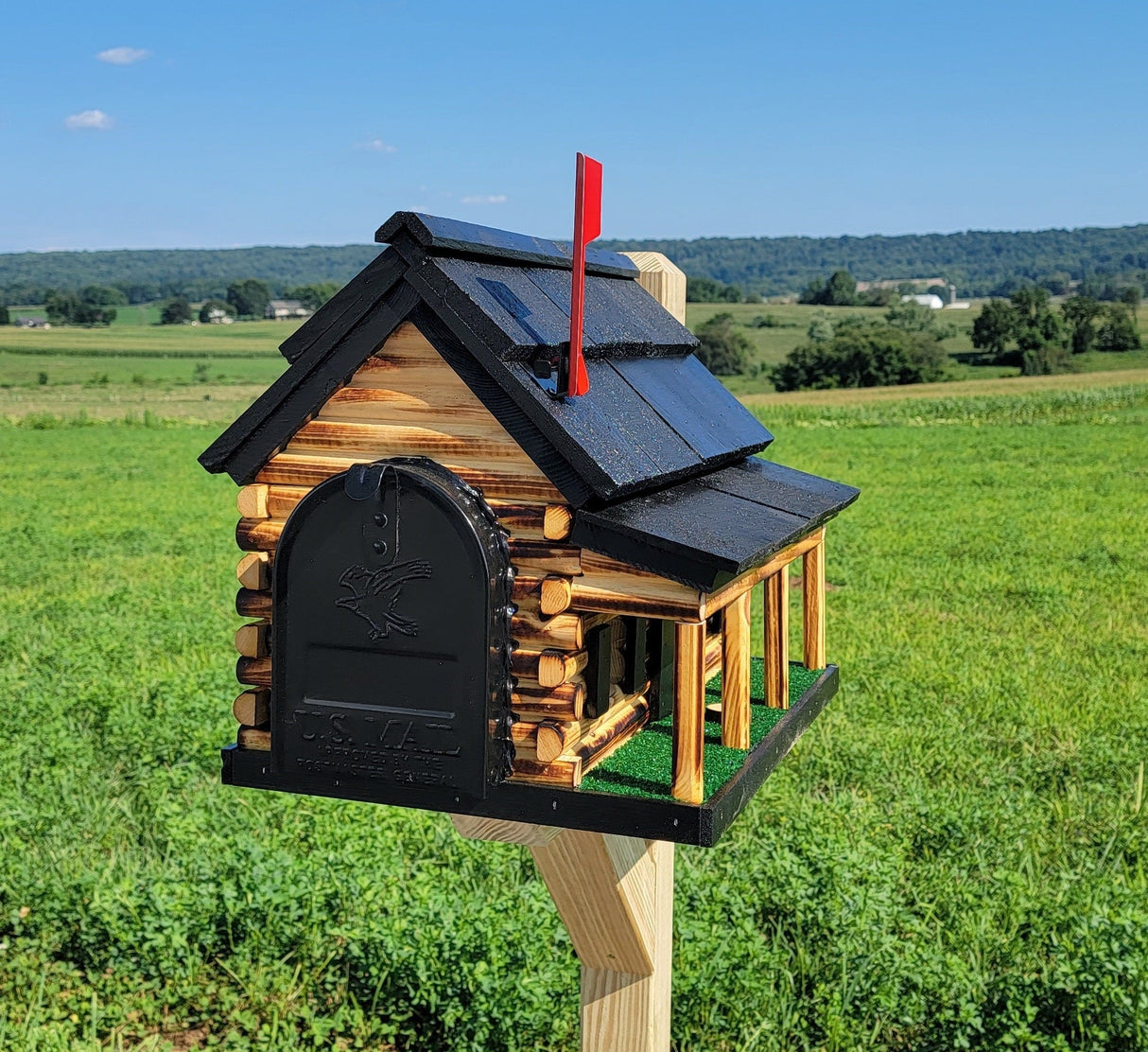 Amish Mailbox - Handmade - Log Cabin Style - Wooden with Metal USPS Approved Mailbox - Outdoor - Log Cabin + Metal Insert