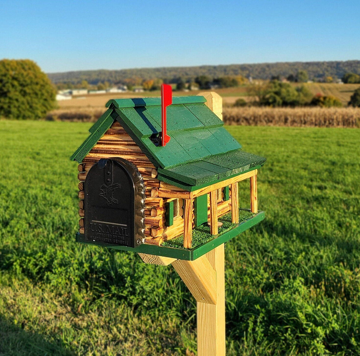 Amish Mailbox - Handmade - Log Cabin Style - Wooden with Metal USPS Approved Mailbox - Outdoor - Log Cabin + Metal Insert