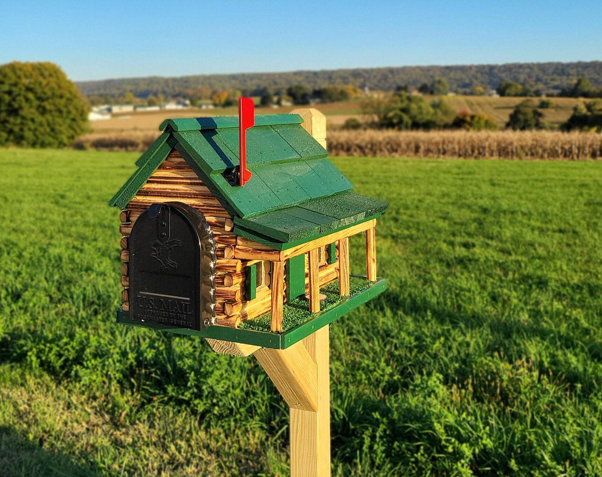 Amish Mailbox - Handmade - Log Cabin Style - Wooden with Metal USPS Approved Mailbox Outdoor - Log Cabin + Metal Insert