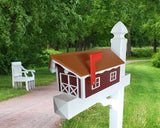 Amish Mailbox - Handmade - With White Trim Under Roof - Poly Lumber - Cedar Roof, Red Box, White Trim - Add Your Mailbox Number (optional) - Barn Mailboxes Poly