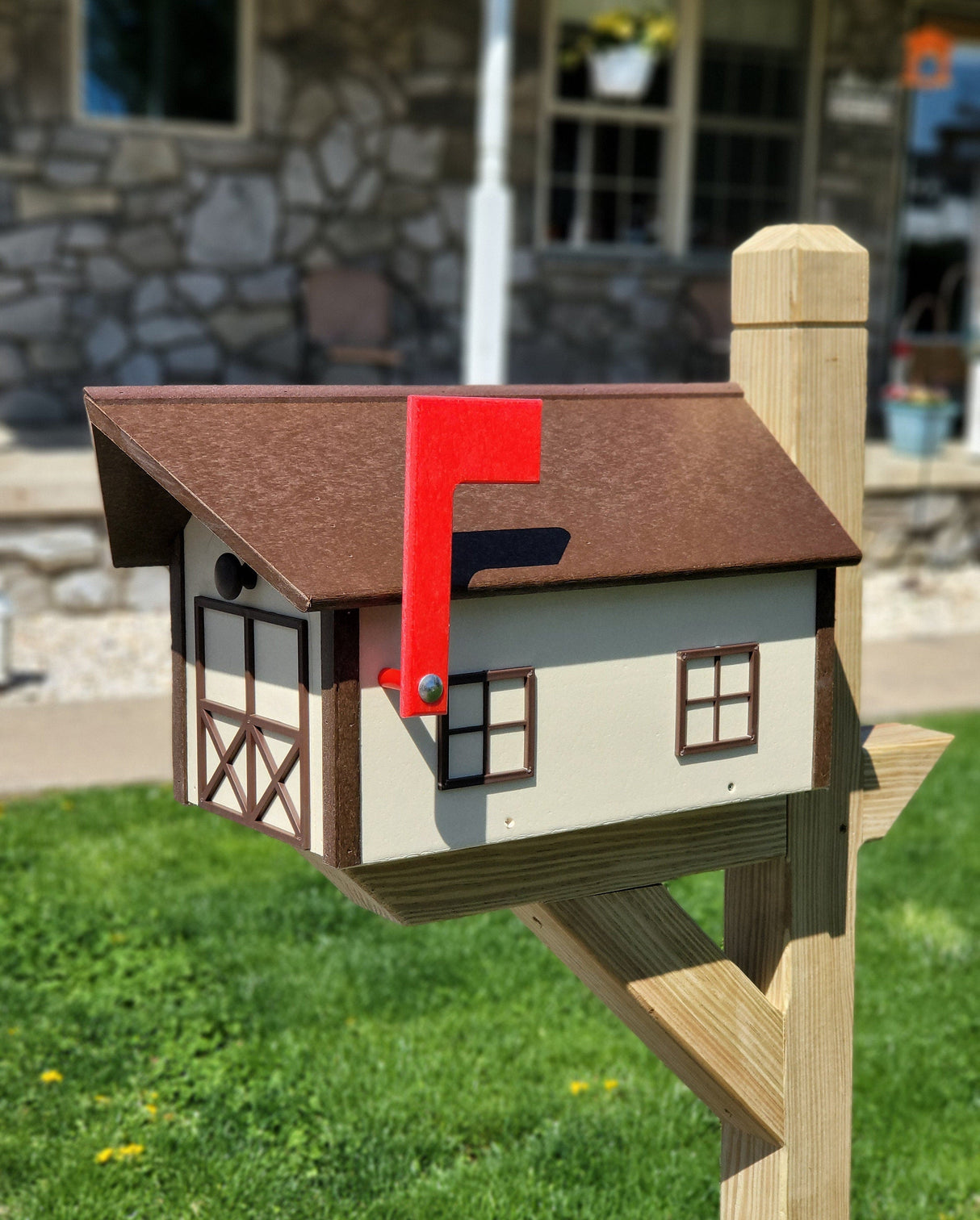 Large Mailbox Amish Handmade Ivory Box, Brown Roof and Brown Trim Poly Lumber Weather Resistant - Barn Mailboxes Poly