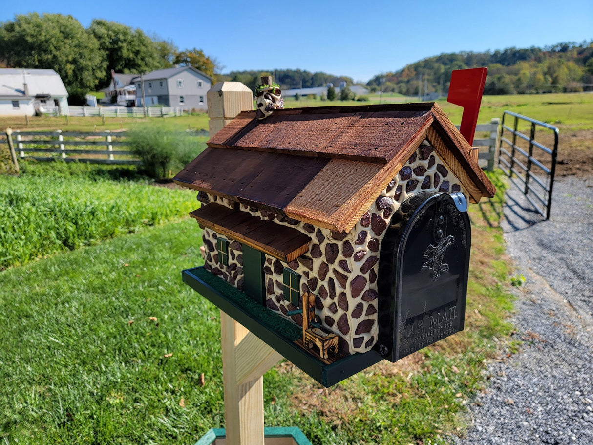 Red Stone House Mailbox, Amish Made Wooden With Cedar Shake Roof and USPS Approved Metal Insert - Barn Mailboxes Stone