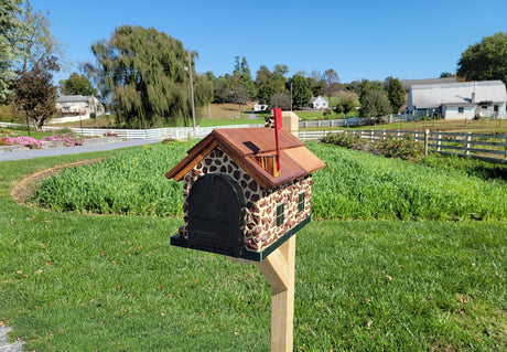 Red Stone House Mailbox, Amish Made Wooden With Cedar Shake Roof and USPS Approved Metal Insert - Barn Mailboxes Stone