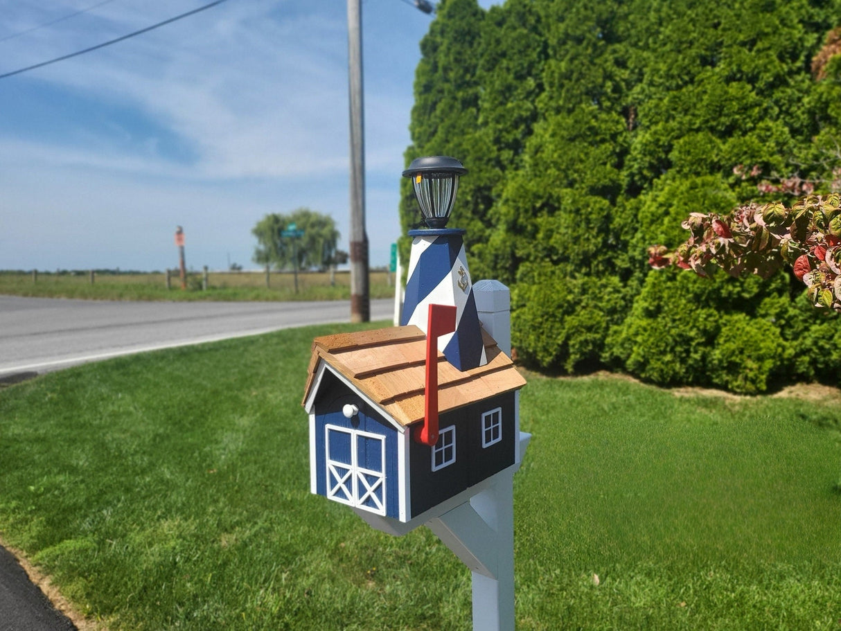 Amish Mailbox - Handmade - With Solar Lighthouse - Wooden - With Cedar Shake Shingles Roof - Color Options