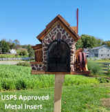 Waterwheel Mailbox, Amish Made Wooden With Red Stones Cover, Cedar Shake Roof, Decorative Waterwheel, and USPS Approved Metal Insert. - Barn Mailboxes Stone