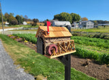 Waterwheel Mailbox, Amish Made Wooden With Red Stones Cover, Cedar Shake Roof, Decorative Waterwheel, and USPS Approved Metal Insert. - Barn Mailboxes Stone