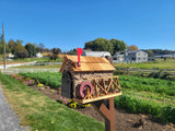 Waterwheel Mailbox, Amish Made Wooden With Red Stones Cover, Cedar Shake Roof, Decorative Waterwheel, and USPS Approved Metal Insert. - Barn Mailboxes Stone