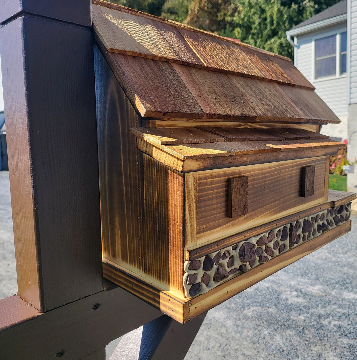Waterwheel Mailbox, Amish Made Wooden With Red Stones Cover, Cedar Shake Roof, Decorative Waterwheel, and USPS Approved Metal Insert. - Barn Mailboxes Stone