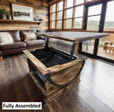 Whiskey barrel table, easy lift top, coffee table, primitive barrel table, farmhouse, storage table, hickory, white oak