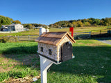 White Stone House Mailbox, Amish Made Wooden With Cedar Shake Roof and USPS Approved Metal Insert, Green Trim - Barn Mailboxes Stone