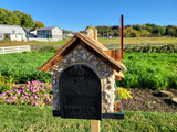 White Stone House Mailbox, Amish Made Wooden With Cedar Shake Roof and USPS Approved Metal Insert, Green Trim - Barn Mailboxes Stone