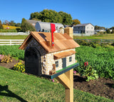 White Stone House Mailbox, Amish Made Wooden With Cedar Shake Roof and USPS Approved Metal Insert, Green Trim - Barn Mailboxes Stone