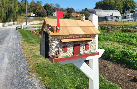 Mailbox + Post Set, White Stone House Mailbox, Amish Made + Custom Painted Post, With USPS Approved Metal Insert, Red Trim - Barn Mailboxes Stone