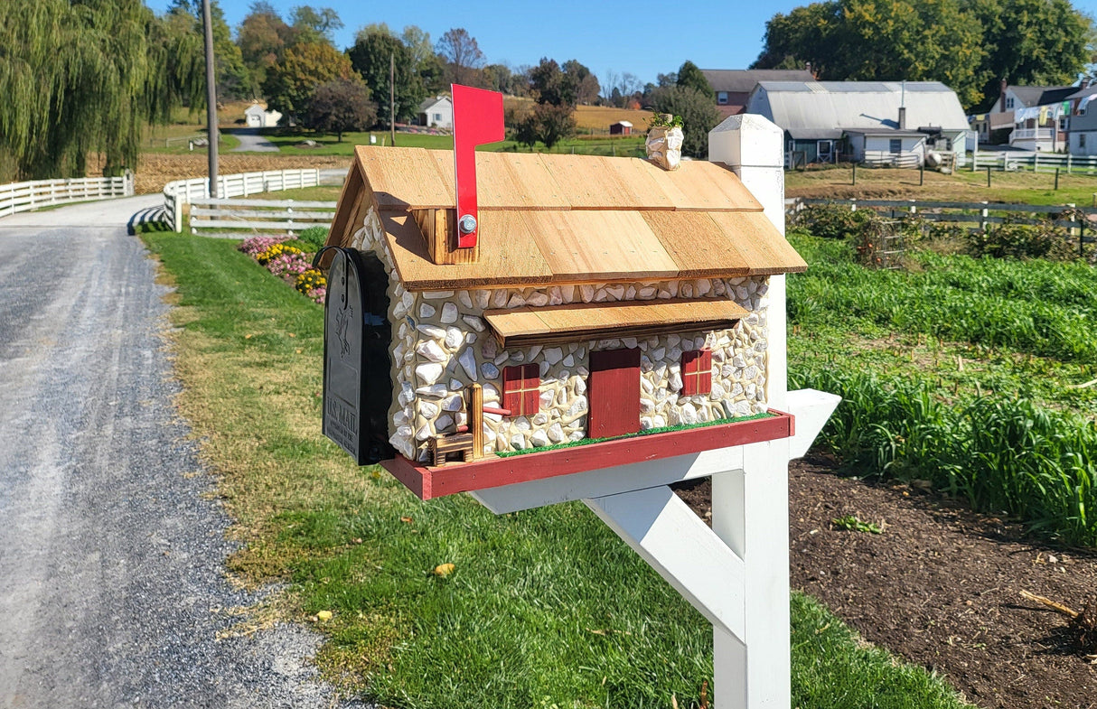 Mailbox + Post Set, White Stone House Mailbox, Amish Made + Custom Painted Post, With USPS Approved Metal Insert, Red Trim - Barn Mailboxes Stone
