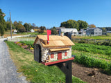 Mailbox + Post Set, White Stone House Mailbox, Amish Made + Custom Painted Post, With USPS Approved Metal Insert, Red Trim - Barn Mailboxes Stone