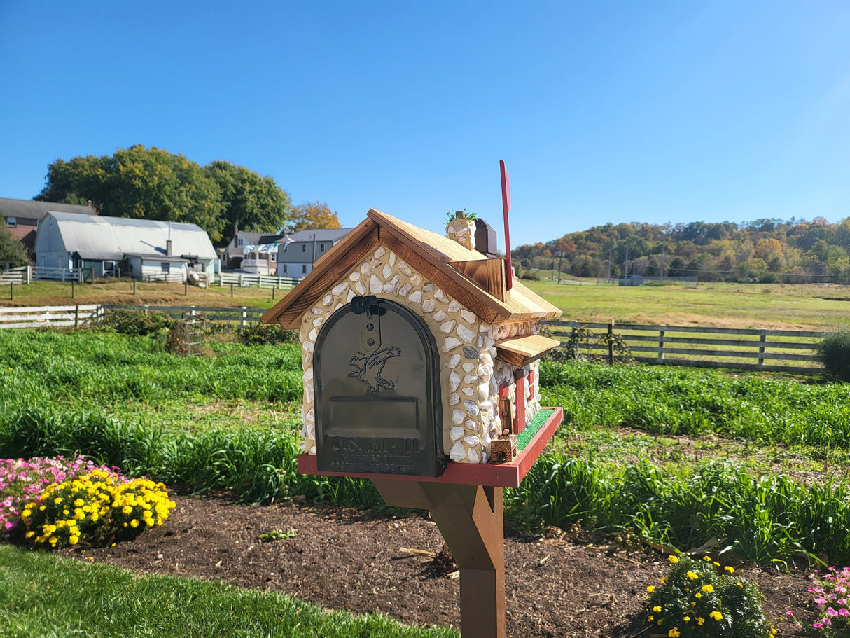 Mailbox + Post Set, White Stone House Mailbox, Amish Made + Custom Painted Post, With USPS Approved Metal Insert, Red Trim - Barn Mailboxes Stone