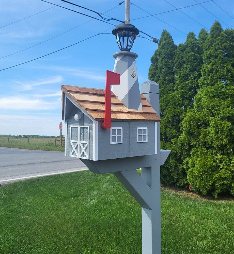 Amish Mailbox - Handmade - With Solar Lighthouse - Wooden - With Cedar Shake Shingles Roof - Color Options - Lighthouse Mailboxes