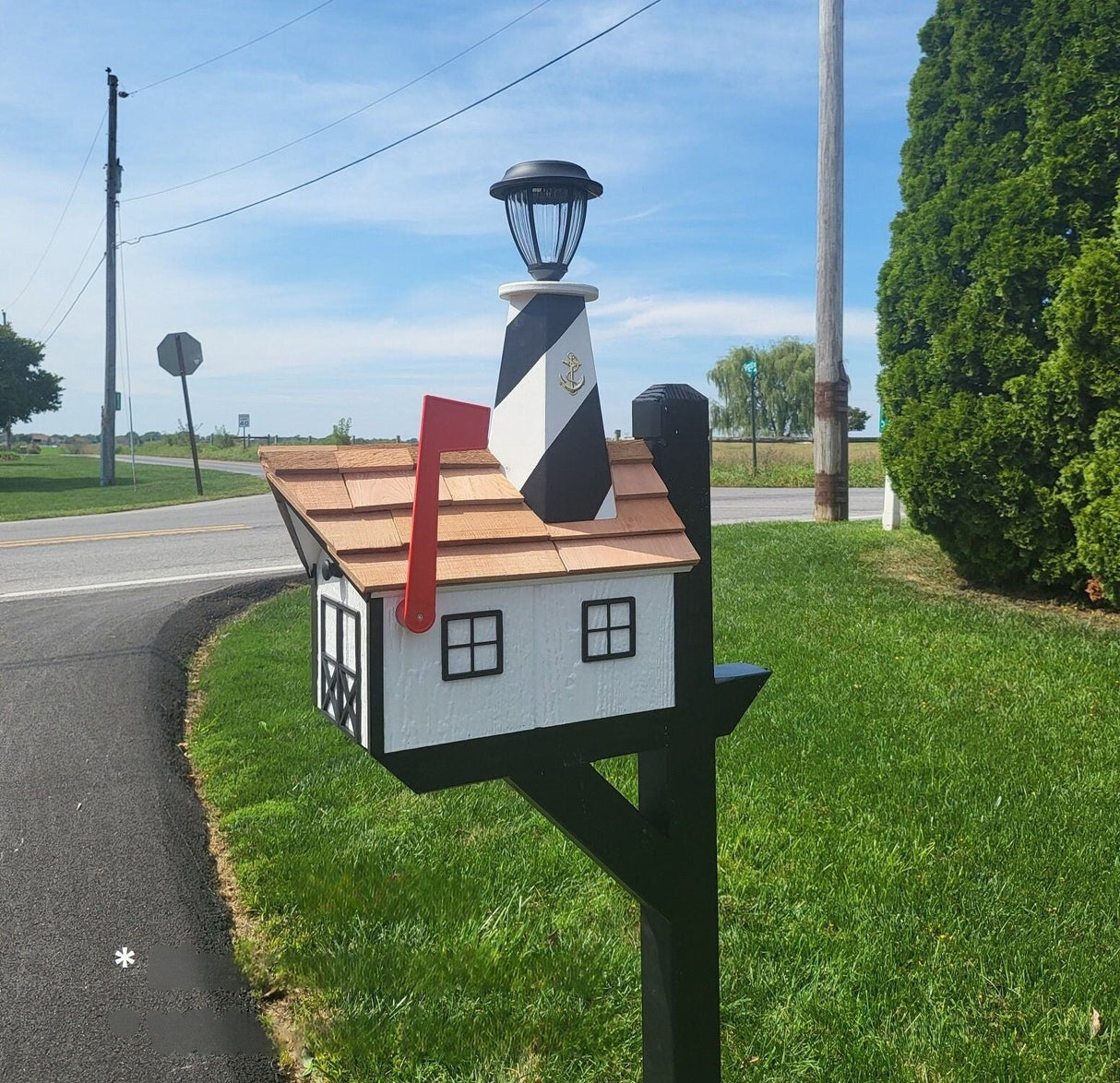 Amish Mailbox - Handmade - With Solar Lighthouse - Wooden - With Cedar Shake Shingles Roof - Color Options - Lighthouse Mailboxes