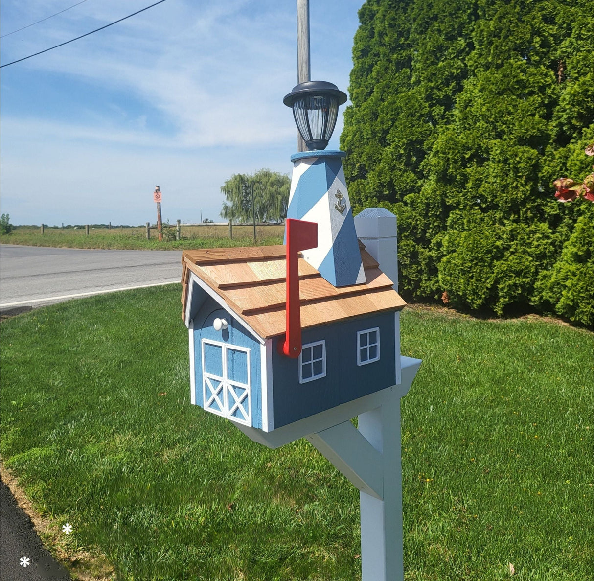 Amish Mailbox - Handmade - With Solar Lighthouse - Wooden - With Cedar Shake Shingles Roof - Color Options - Lighthouse Mailboxes