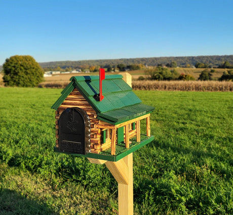 Amish Mailbox - Handmade - Log Cabin Style - Wooden with Metal USPS Approved Mailbox - Outdoor - Log Cabin + Metal Insert