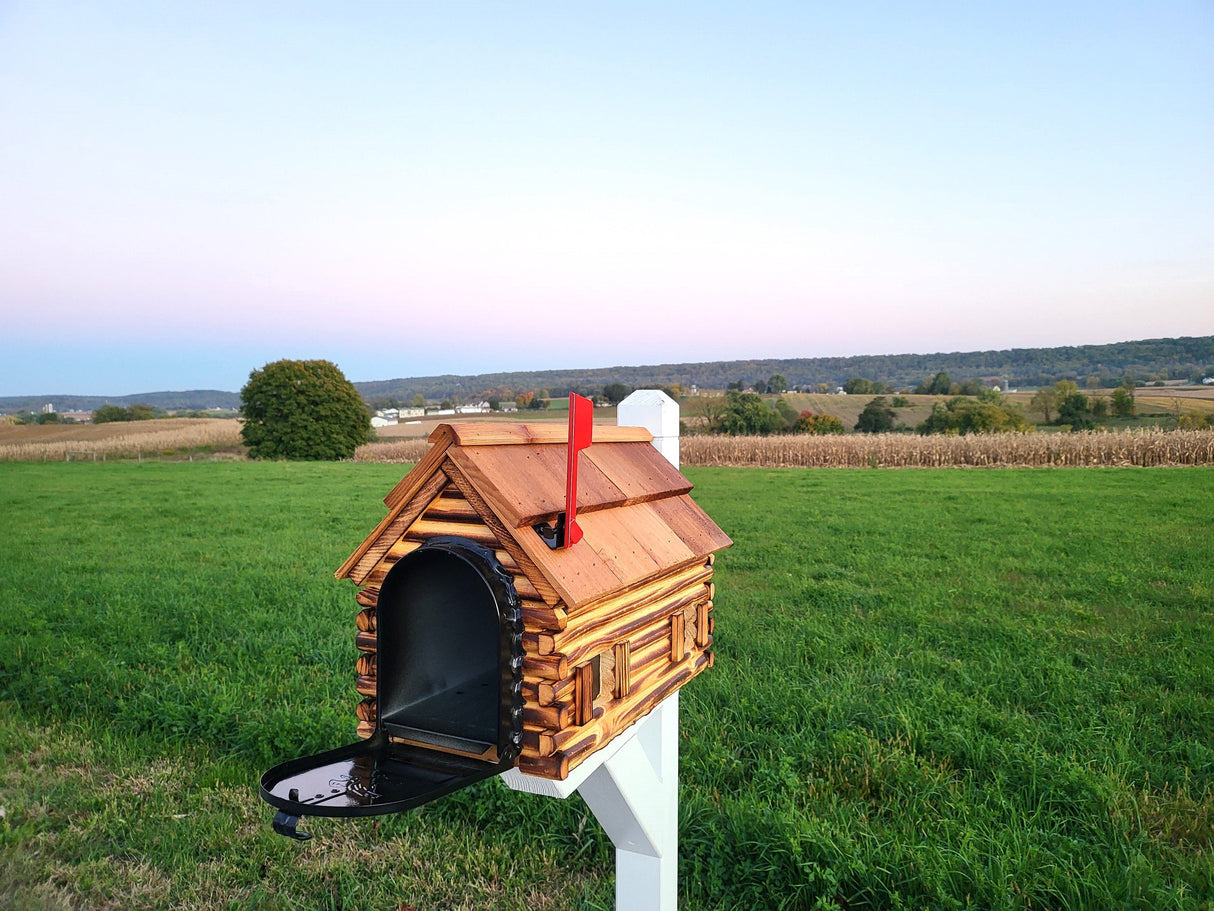 Amish Mailbox - Handmade - Log Cabin Style - Wooden - With Cedar Shake Roof and Metal Box Insert - Barn Mailboxes Wood