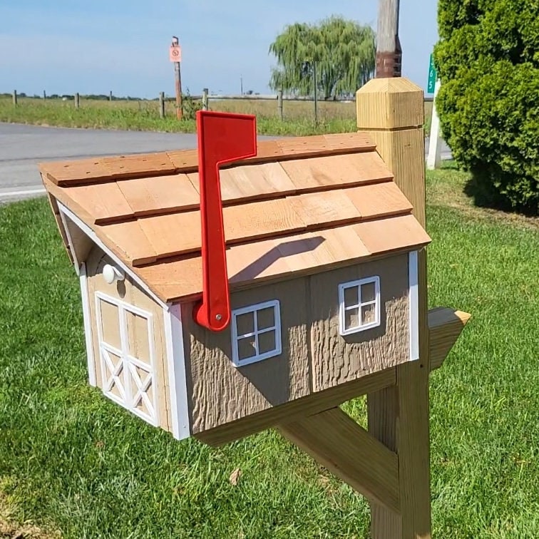 Handmade Mailbox - Wooden - Clay - Amish - Barn Style - Tall Prominent Flag - With Cedar Shake Shingles Roof - Large - Detailed - Mailbox - Barn Mailboxes Wood